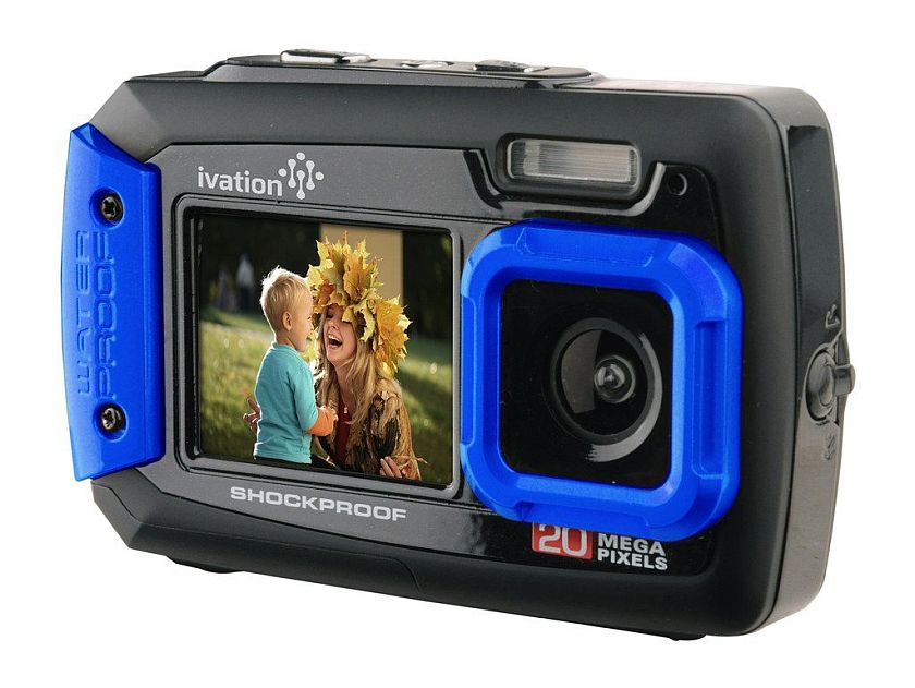 Ivation 20MP Underwater Shockproof Digital Camera & Video Camera w/Dual Full-Color LCD Displays - Fully Waterproof & Submersible Up to 10 Feet (Blue)