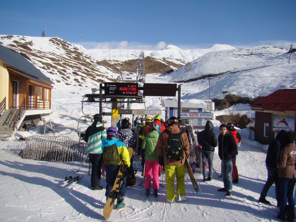 Waiting in a line for a Gudauri mountain lift