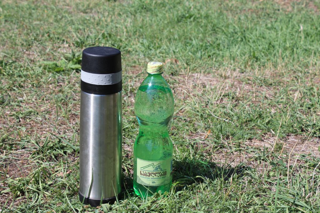 Hot coffee and sparkling Georgian mineral water