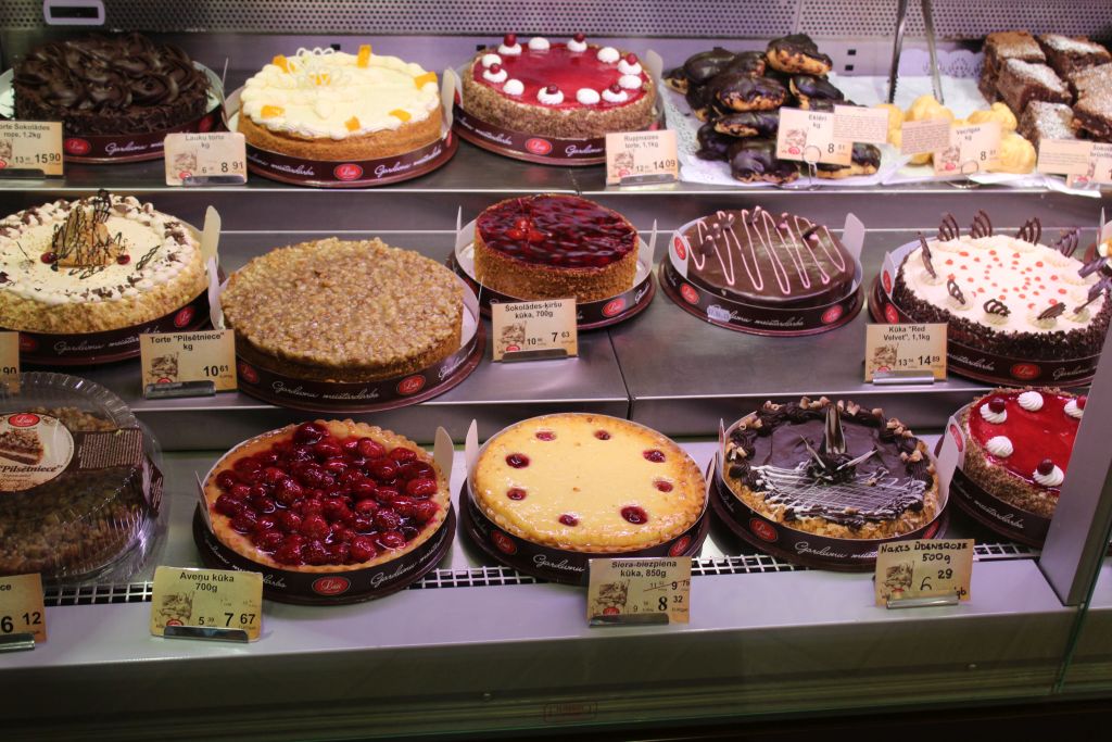 Cakes and tarts for sale at Bakery Lāči