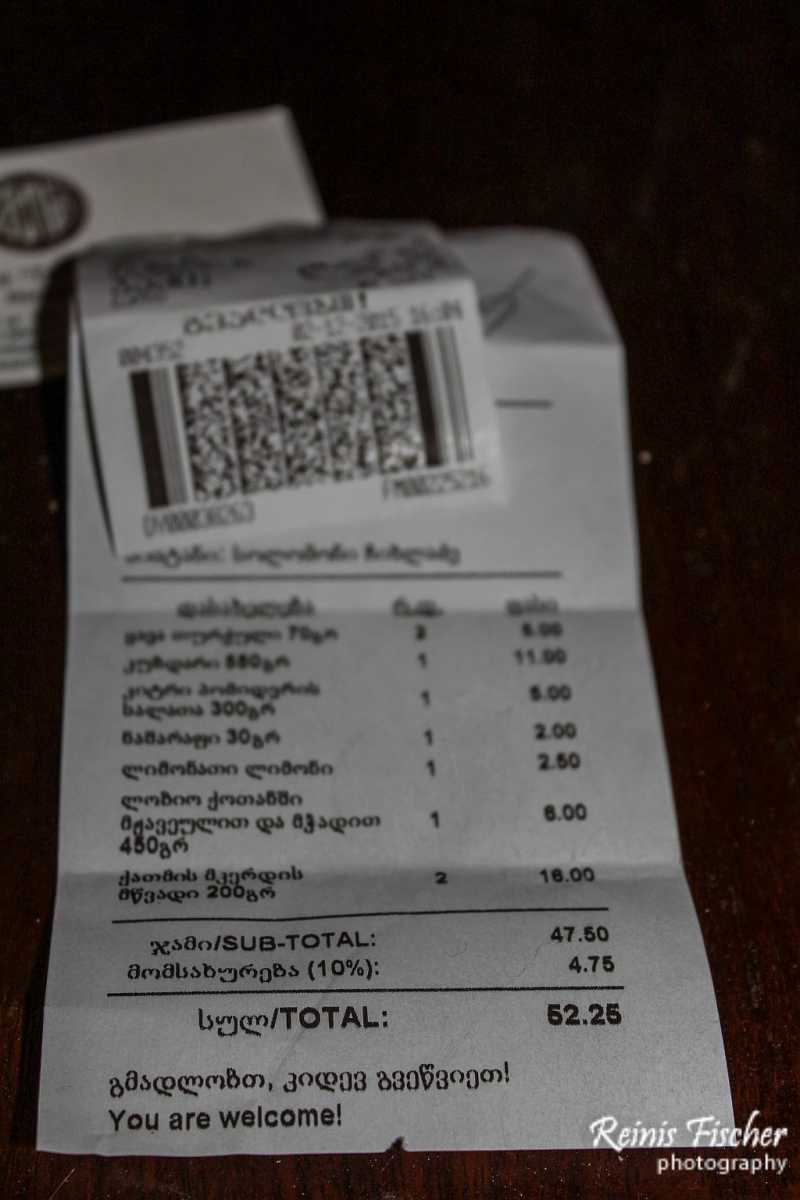 Overall bill at Tsisikvili restaurant