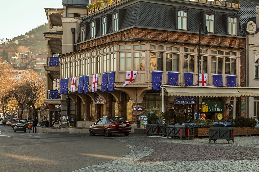 Georgian and European Union Flags in streets of Tbilisi