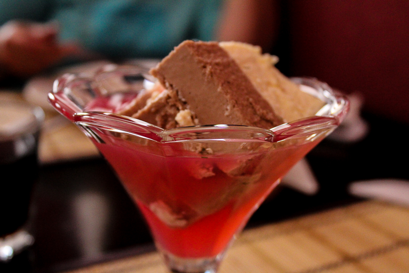 Chocolate/Vanilla desert in red bilberry sauce