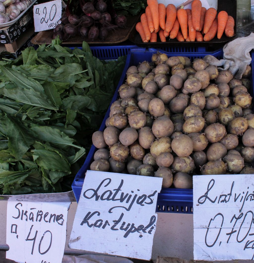 Sorrels and potatoes for sale at Riga Central market