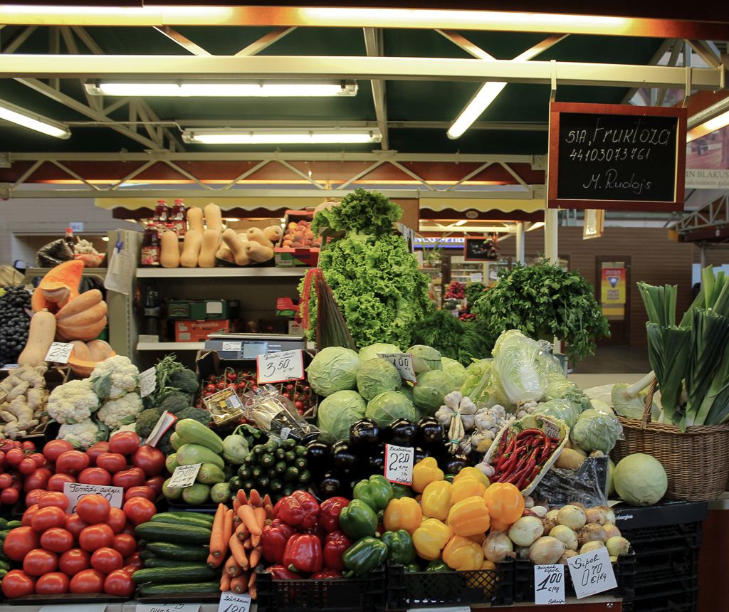 Fruits and vegetables for sale at Riga central market