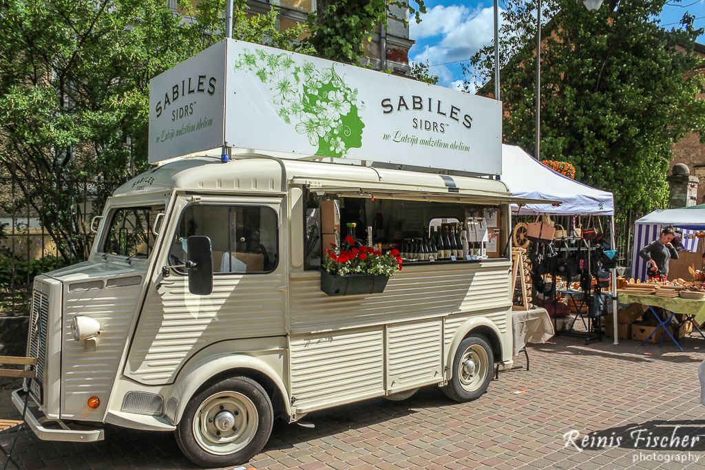 Cider sold from retro car in Kuldiga