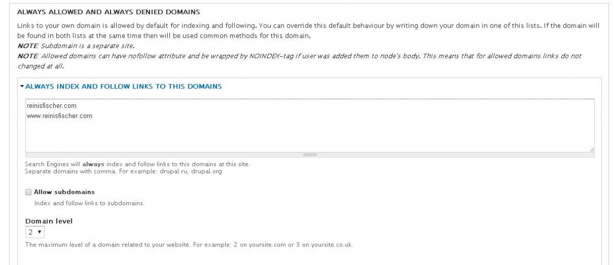 Noindex External Links Drupal Module's Settings