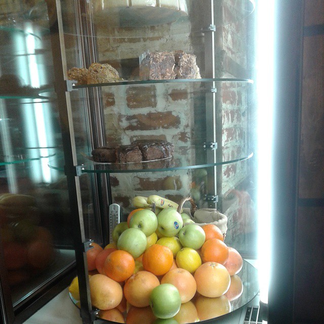 Sweets and fruits in a glass case
