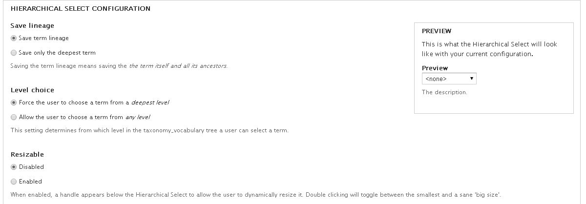 Hierarchical select widget configuration