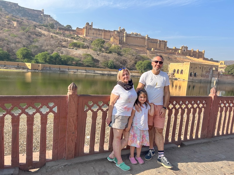 Author of this blog and family posing at Amber fort in India