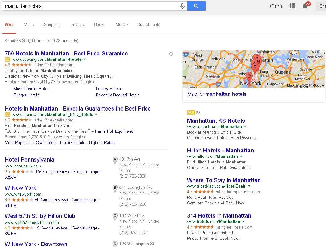 Google Search Query for "Manhattan hotels"