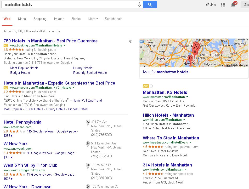 Google Search Query for "Manhattan hotels"