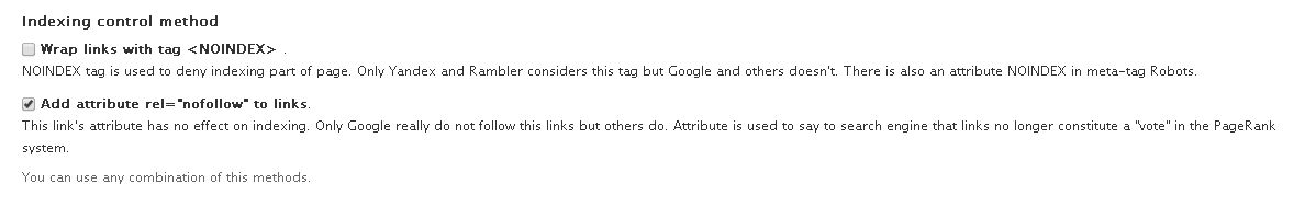 Settings for Noindex External Links Module