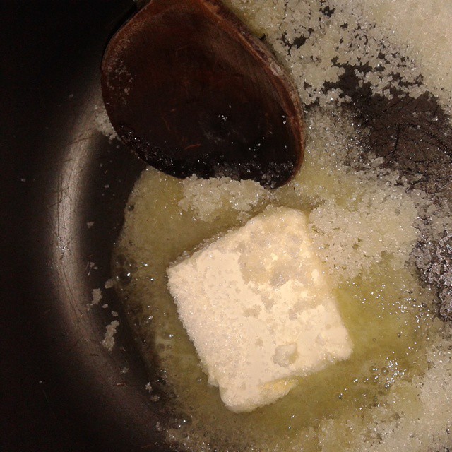Melt a butter, brown a suggar