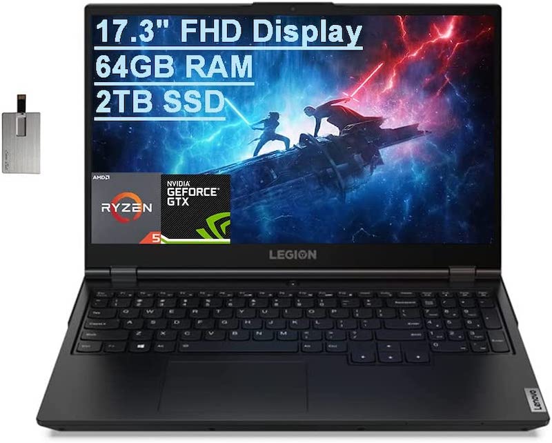 Lenovo Legion 5 17.3" FHD Gaming Laptop Computer, AMD Ryzen 5-5600H(Beats Intel i7-9750H), 64GB RAM, 2TB PCIe SSD, NVIDIA GeForce GTX 1650 Graphics, Nahimic 3D Audio, Win 11, Black, 32GB USB Card