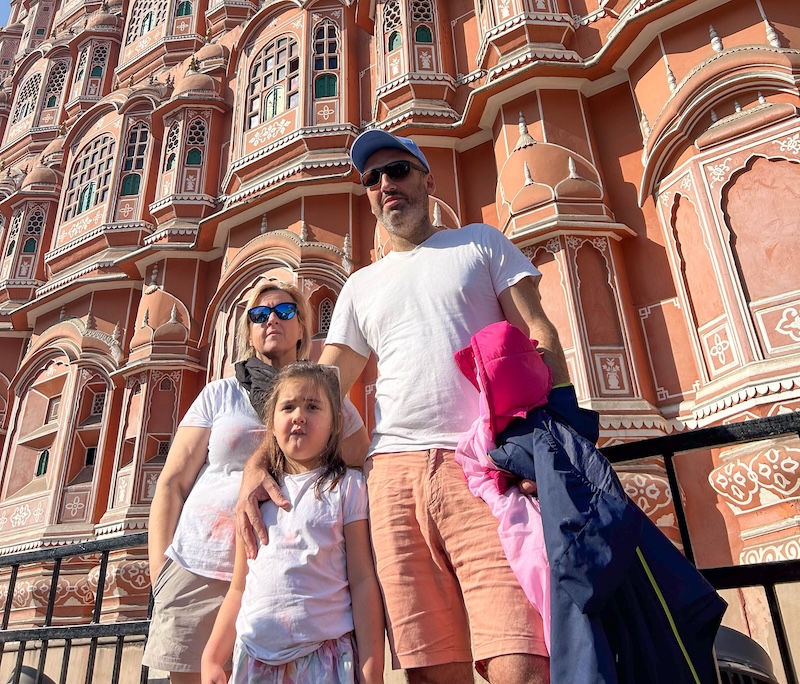 Author of this blog and family captured in action at Hawa Mahal in Jaipur