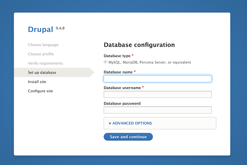 Drupal 9 installation screen