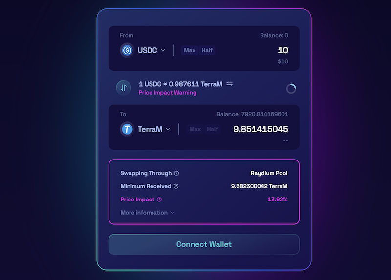 Swapping USDC for TerraM token on Raydium network