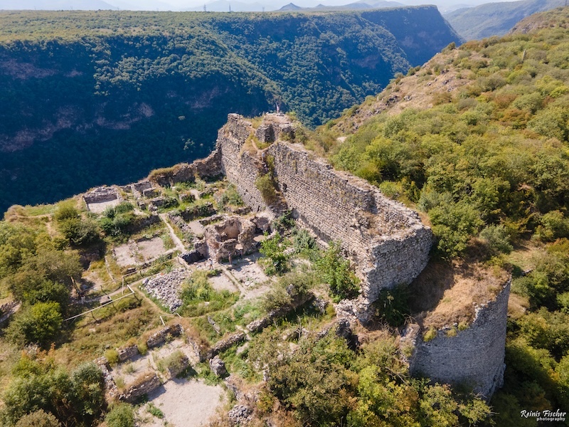 Stone walls and ruins of Samshvilde Fortress from above