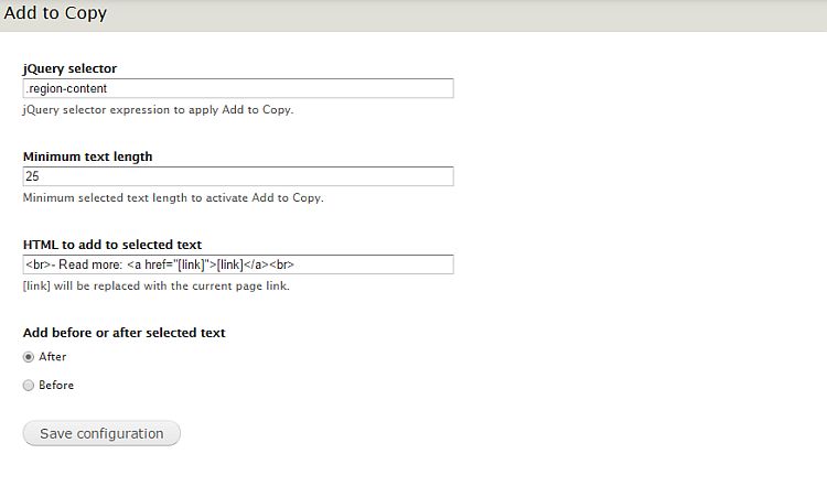 Add to Copy configuration screen